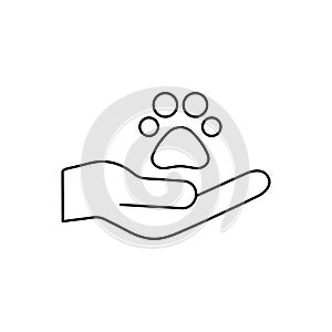 Animals help concept. Animal footprint paw and human hand. Voluntary line icon.
